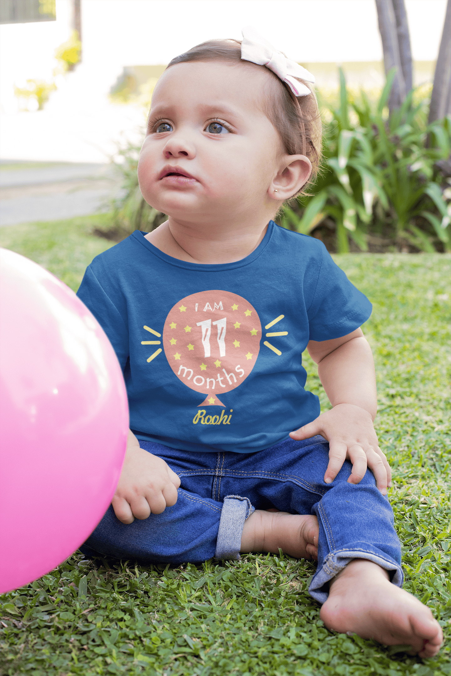 Custom Name Eleven Month Baloon Half Sleeves T-Shirt For Girls -FunkyTeesClub