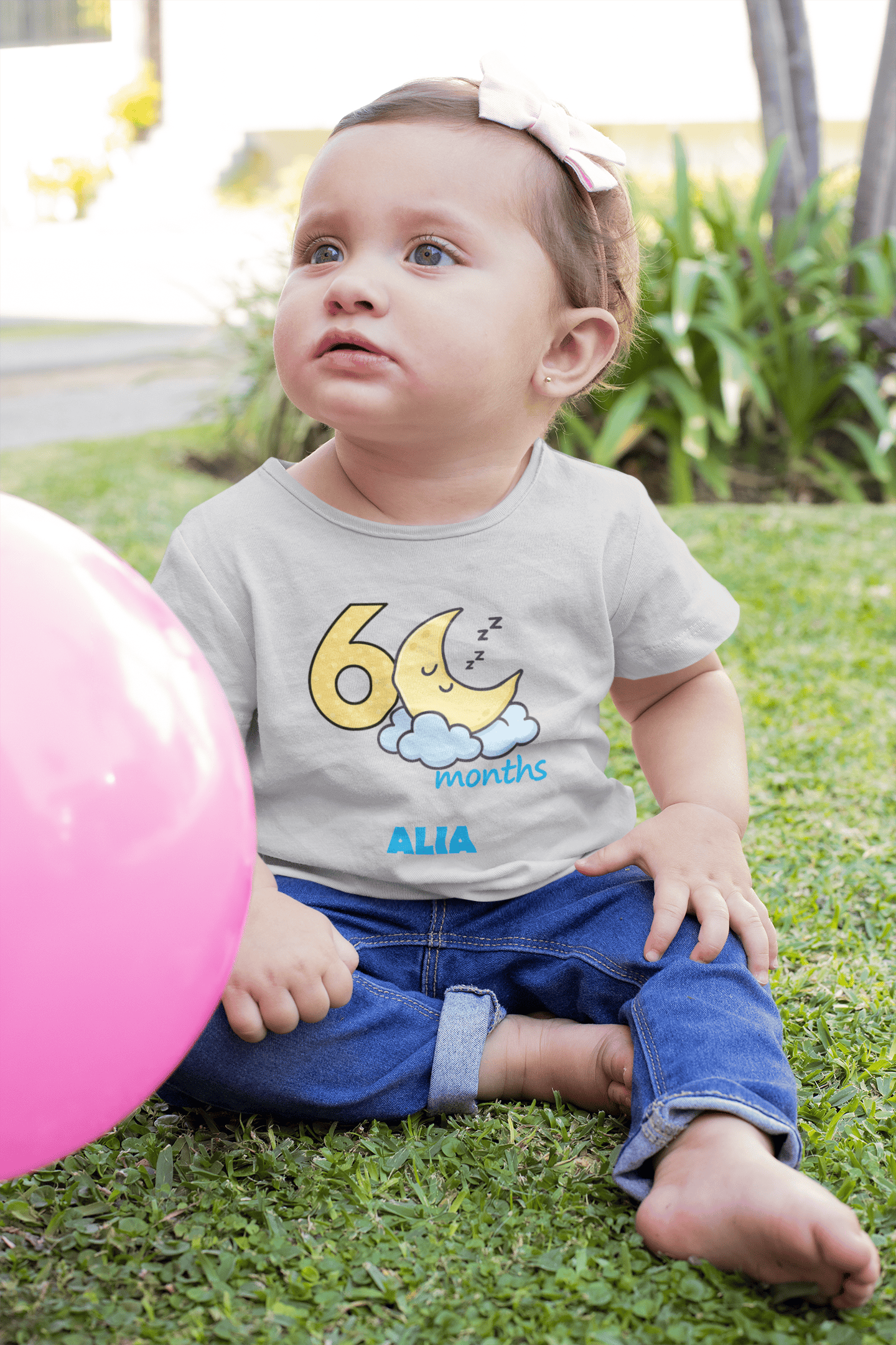 Custom Name Six Month Moon Half Sleeves T-Shirt For Girls -FunkyTeesClub