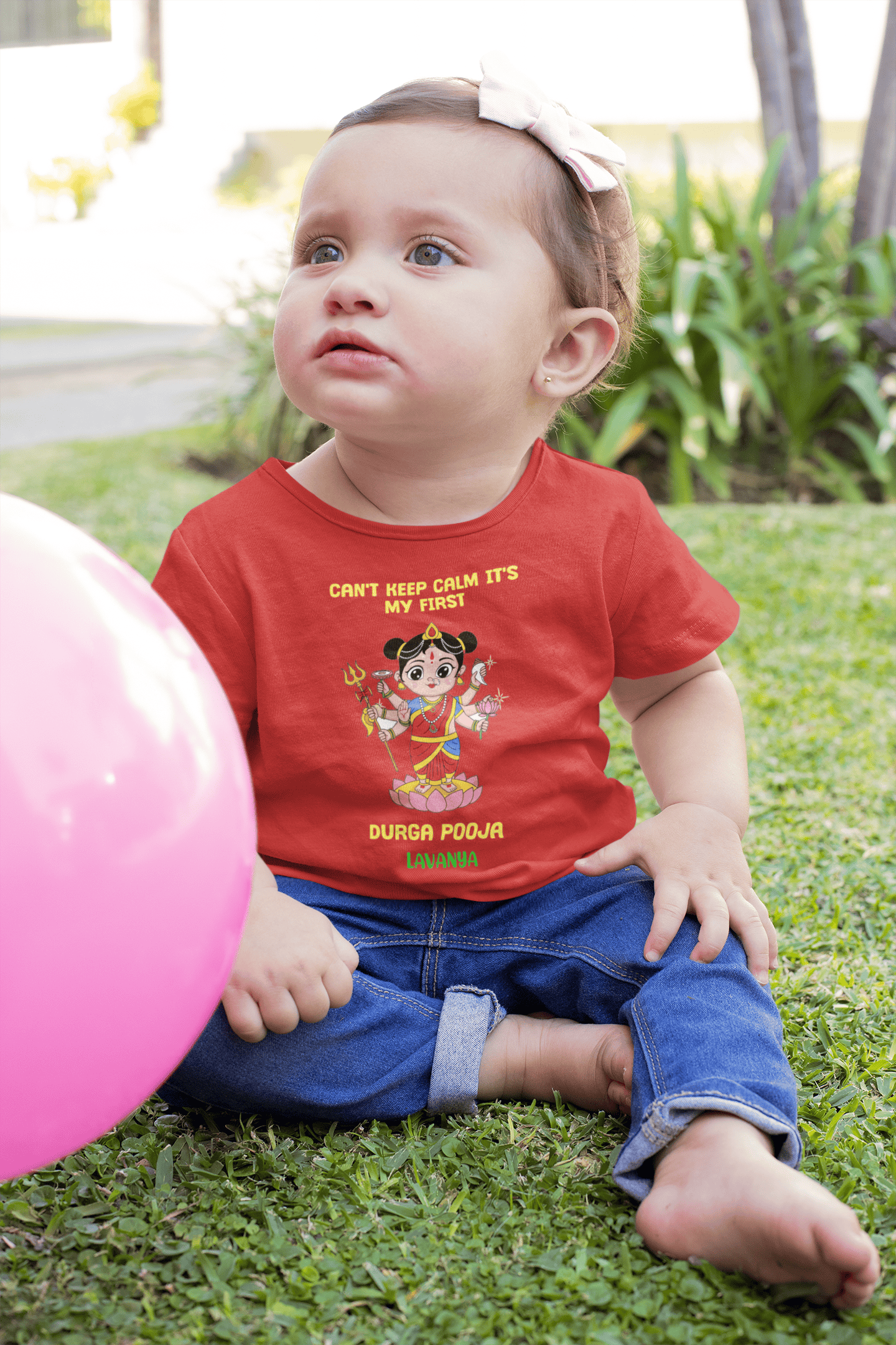 Can't Keep Calm It's My First Durga Pooja Navratri Half Sleeves T-Shirt For Girls -FunkyTeesClub