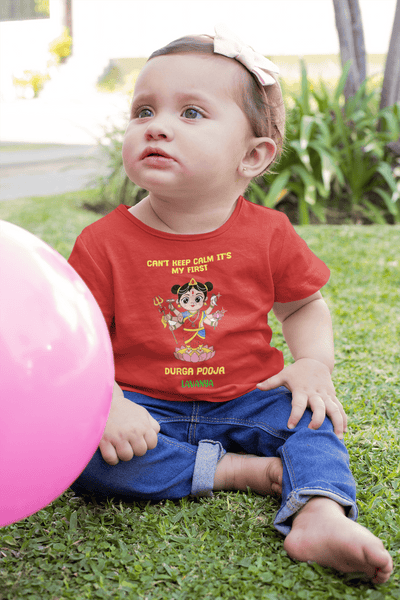 Can't Keep Calm It's My First Durga Pooja Navratri Half Sleeves T-Shirt For Girls -FunkyTeesClub