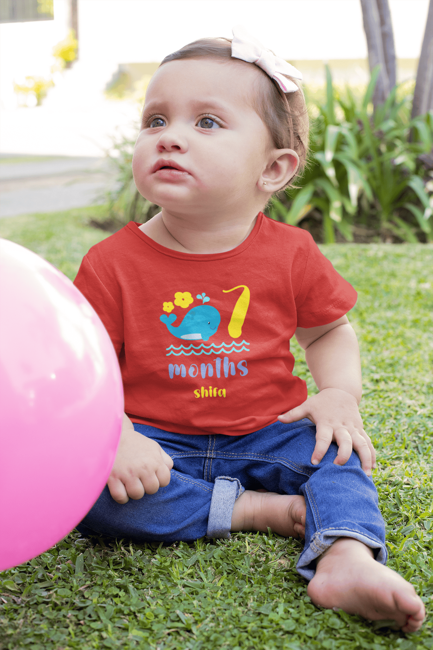 Custom Name Seventh Month Birthday Cute Half Sleeves T-Shirt For Girls -FunkyTeesClub