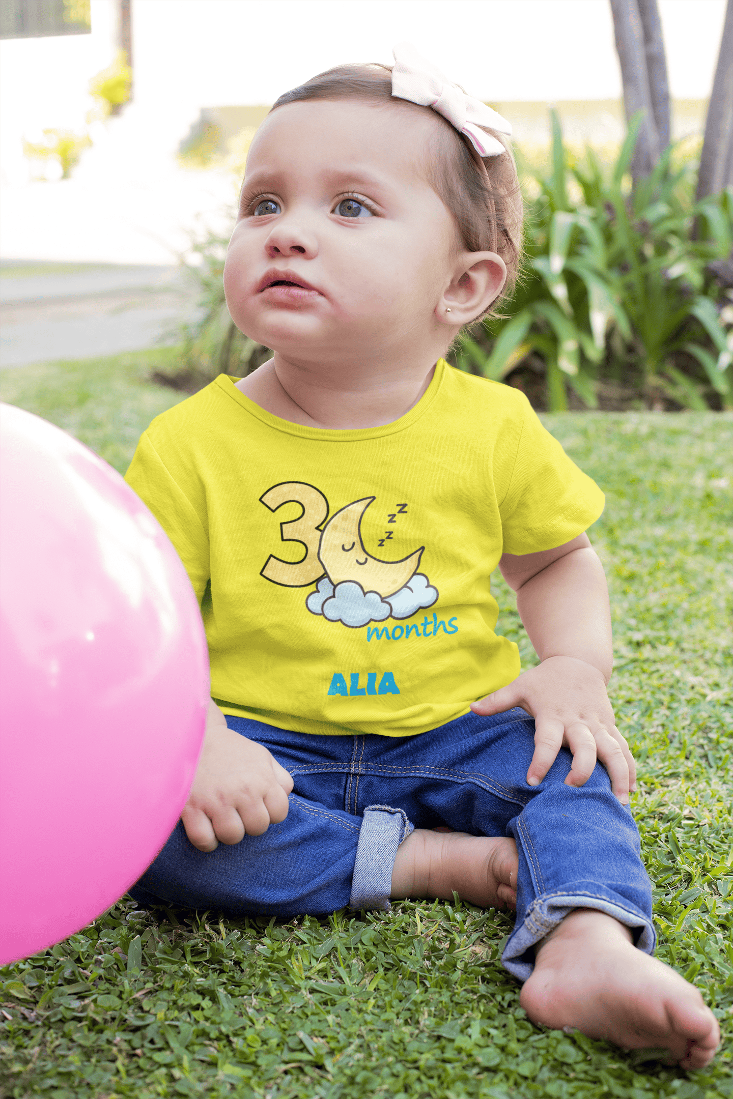 Custom Name Three Month Moon Half Sleeves T-Shirt For Girls -FunkyTeesClub