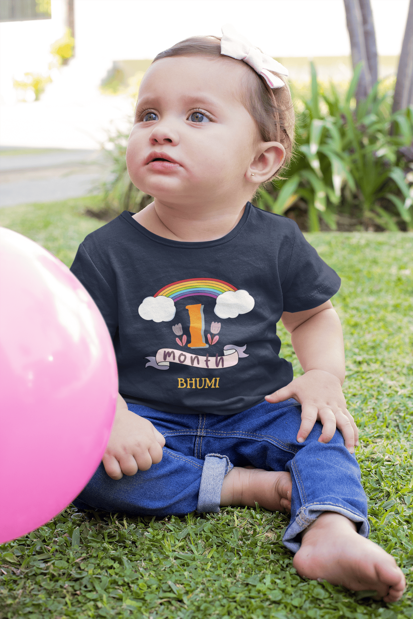 Custom Name First Month Birthday Half Sleeves T-Shirt For Girls -FunkyTeesClub