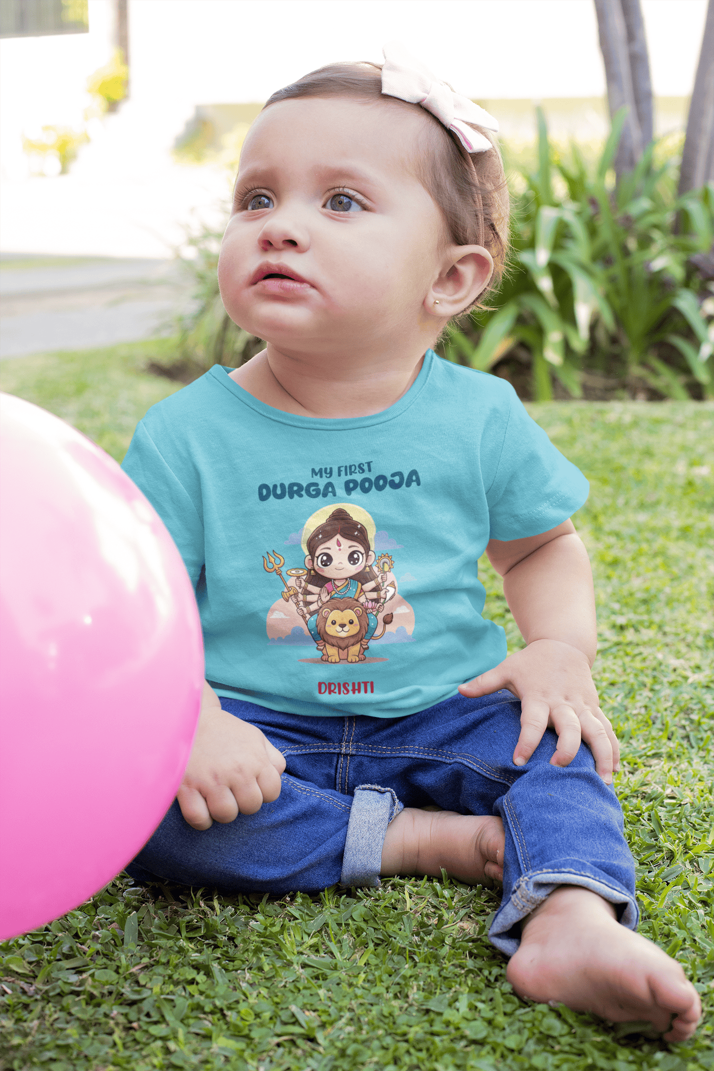Custom Name My First Durga Pooja Half Sleeves T-Shirt For Girls -FunkyTeesClub
