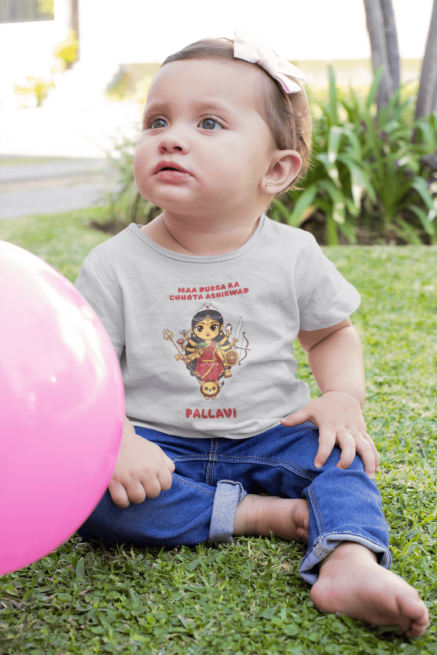 Custom Name Maa Durga Ka Chota Ashirwad Durga Pooja Half Sleeves T-Shirt For Girls -FunkyTeesClub
