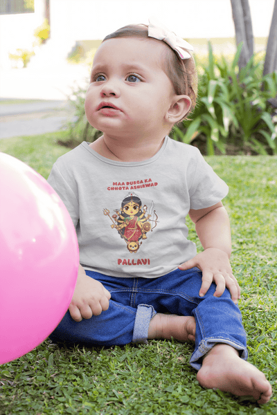 Custom Name Maa Durga Ka Chota Ashirwad Durga Pooja Half Sleeves T-Shirt For Girls -FunkyTeesClub