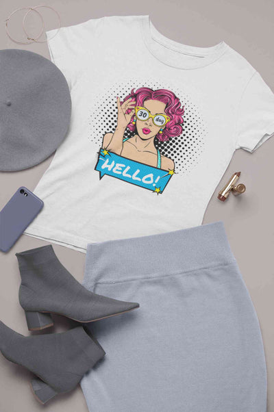 Hello Pop Art Girls Retro Illustration Women Half Sleeves T-shirt- FunkyTeesClub
