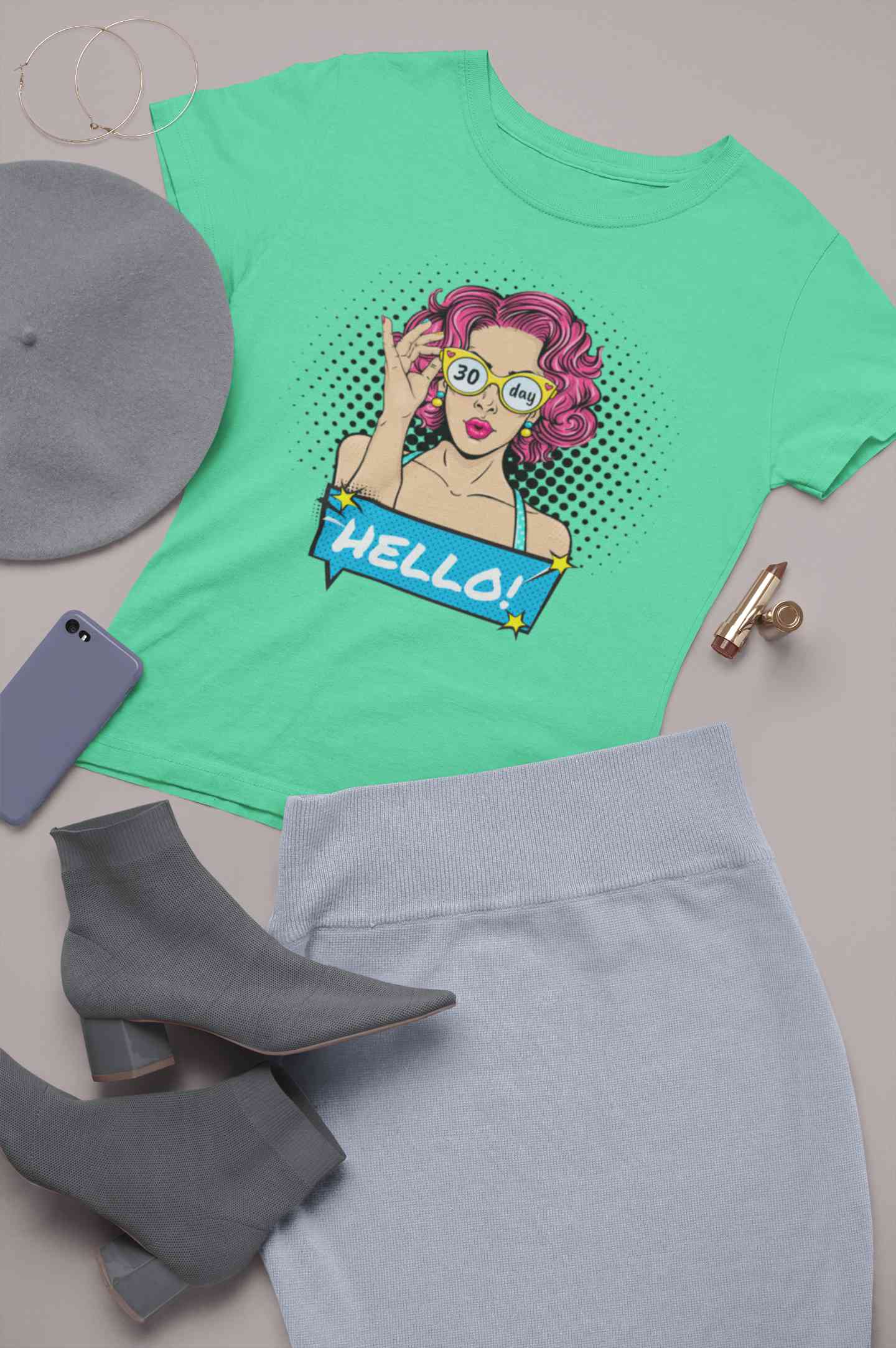Hello Pop Art Girls Retro Illustration Women Half Sleeves T-shirt- FunkyTeesClub