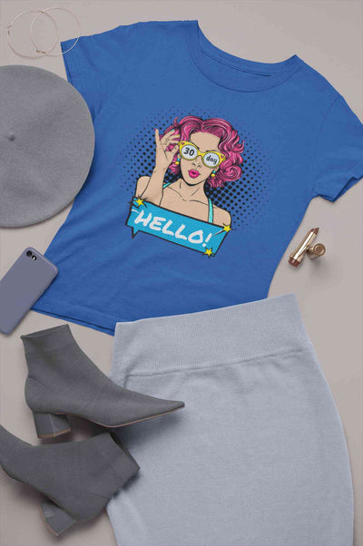 Hello Pop Art Girls Retro Illustration Women Half Sleeves T-shirt- FunkyTeesClub