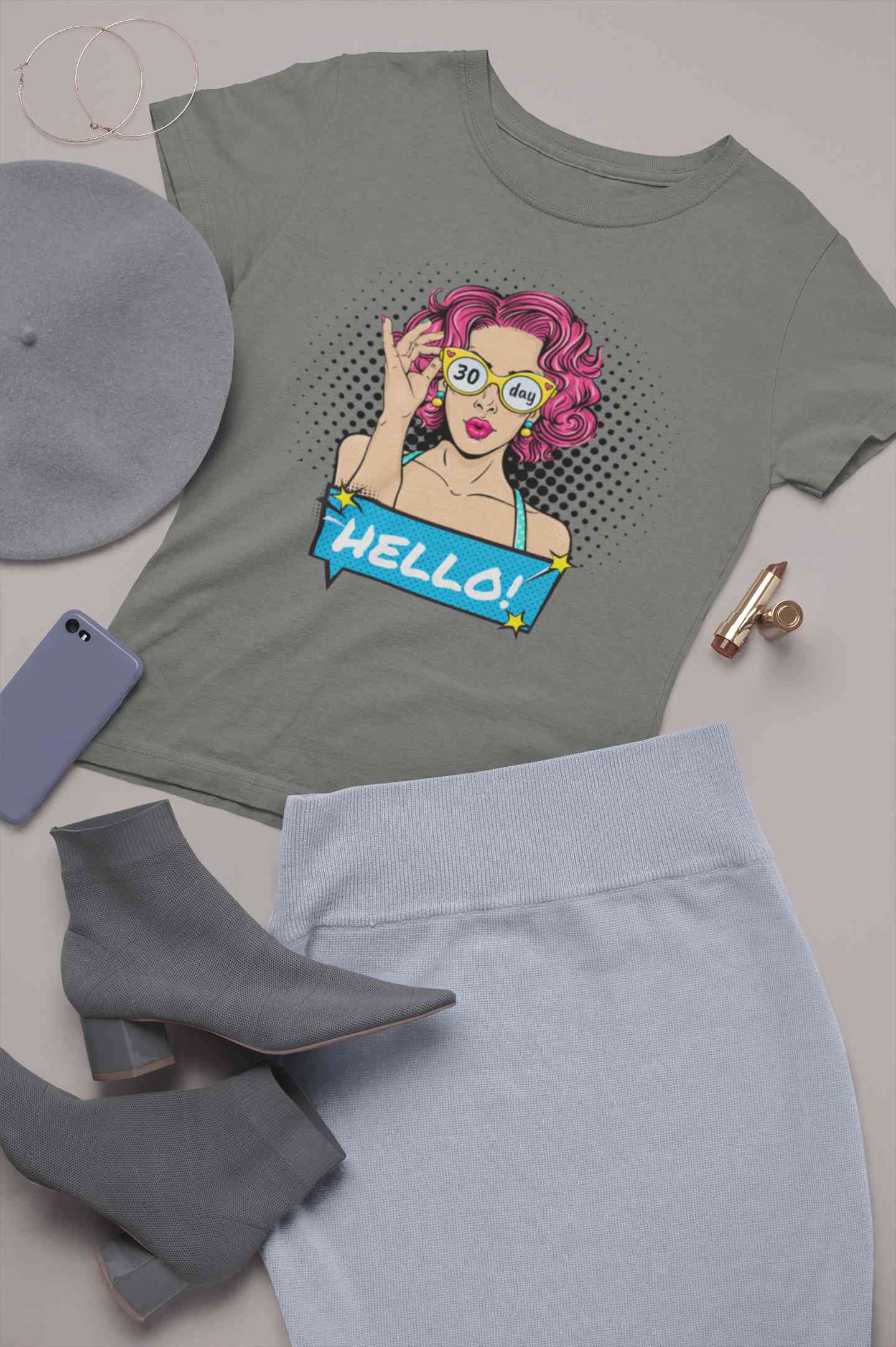 Hello Pop Art Girls Retro Illustration Women Half Sleeves T-shirt- FunkyTeesClub