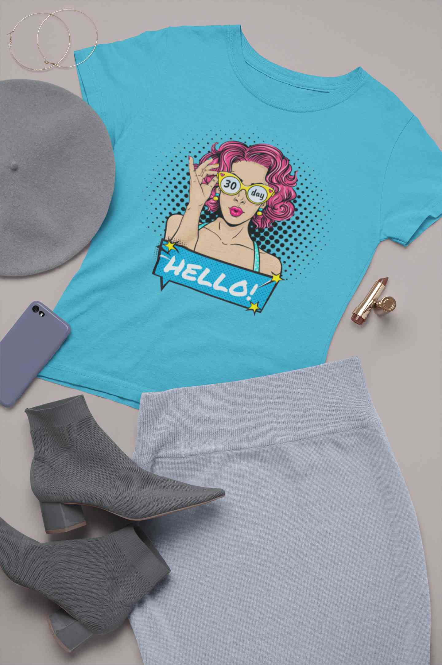 Hello Pop Art Girls Retro Illustration Women Half Sleeves T-shirt- FunkyTeesClub