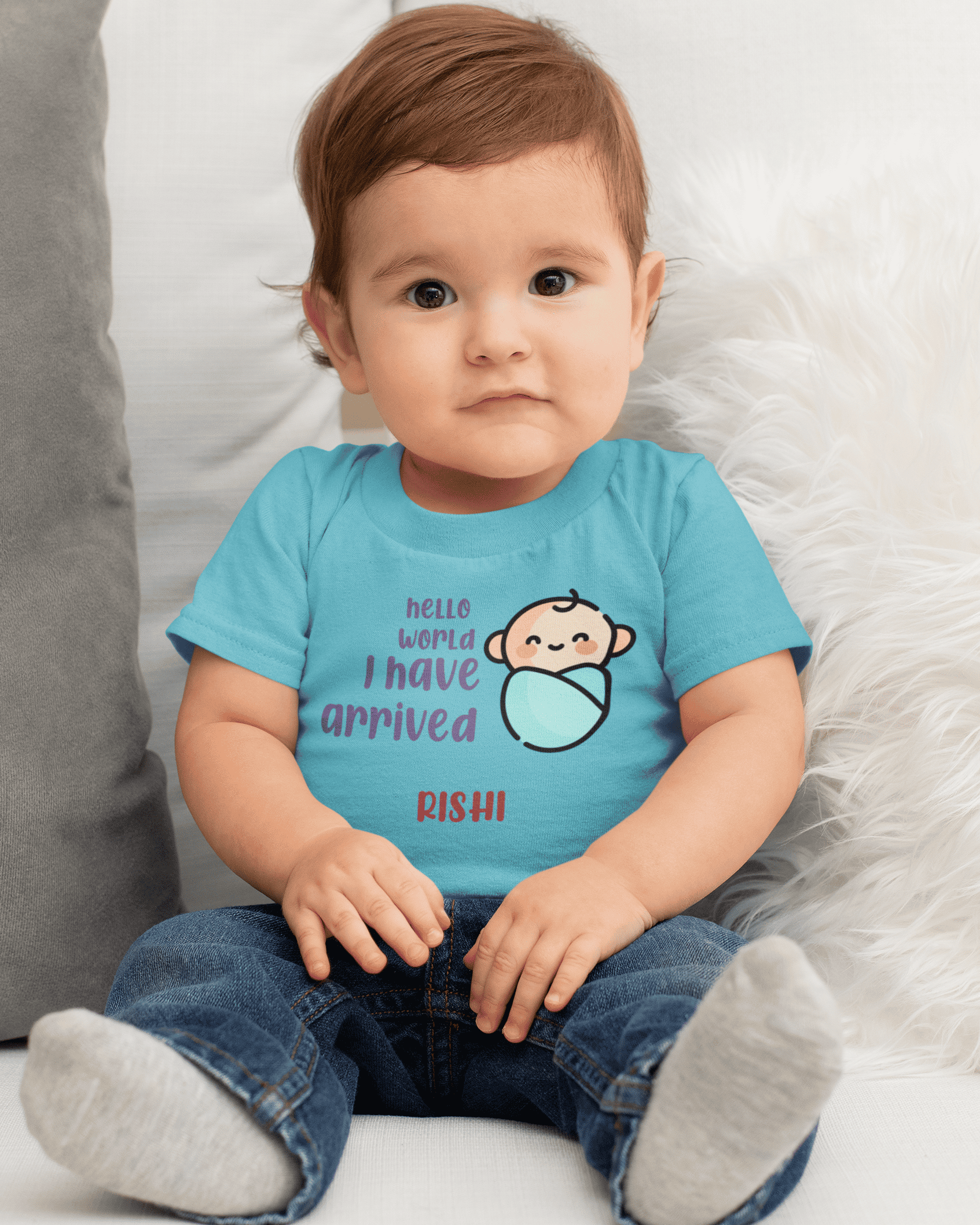 Custom Name Hello World I Have Arrived New Born Half Sleeves T-Shirt for Boys -FunkyTeesClub