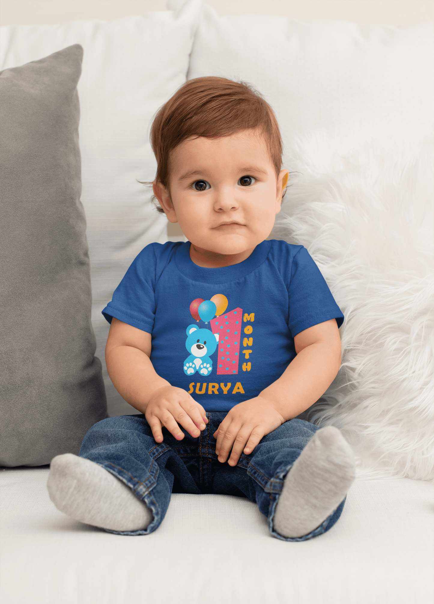 Custom Name First Month Birthday Half Sleeves T-Shirt for Boys -FunkyTeesClub