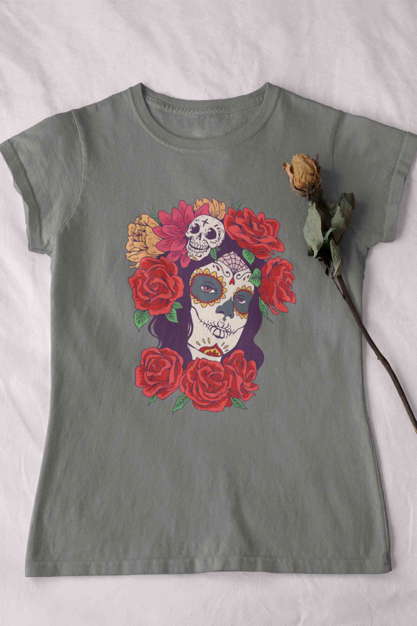 Day Of The Dead Floral Skull Woman Illustration Women Half Sleeves T-shirt- FunkyTeesClub