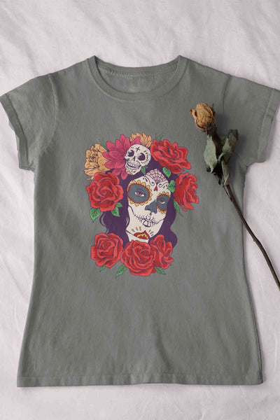 Day Of The Dead Floral Skull Woman Illustration Women Half Sleeves T-shirt- FunkyTeesClub