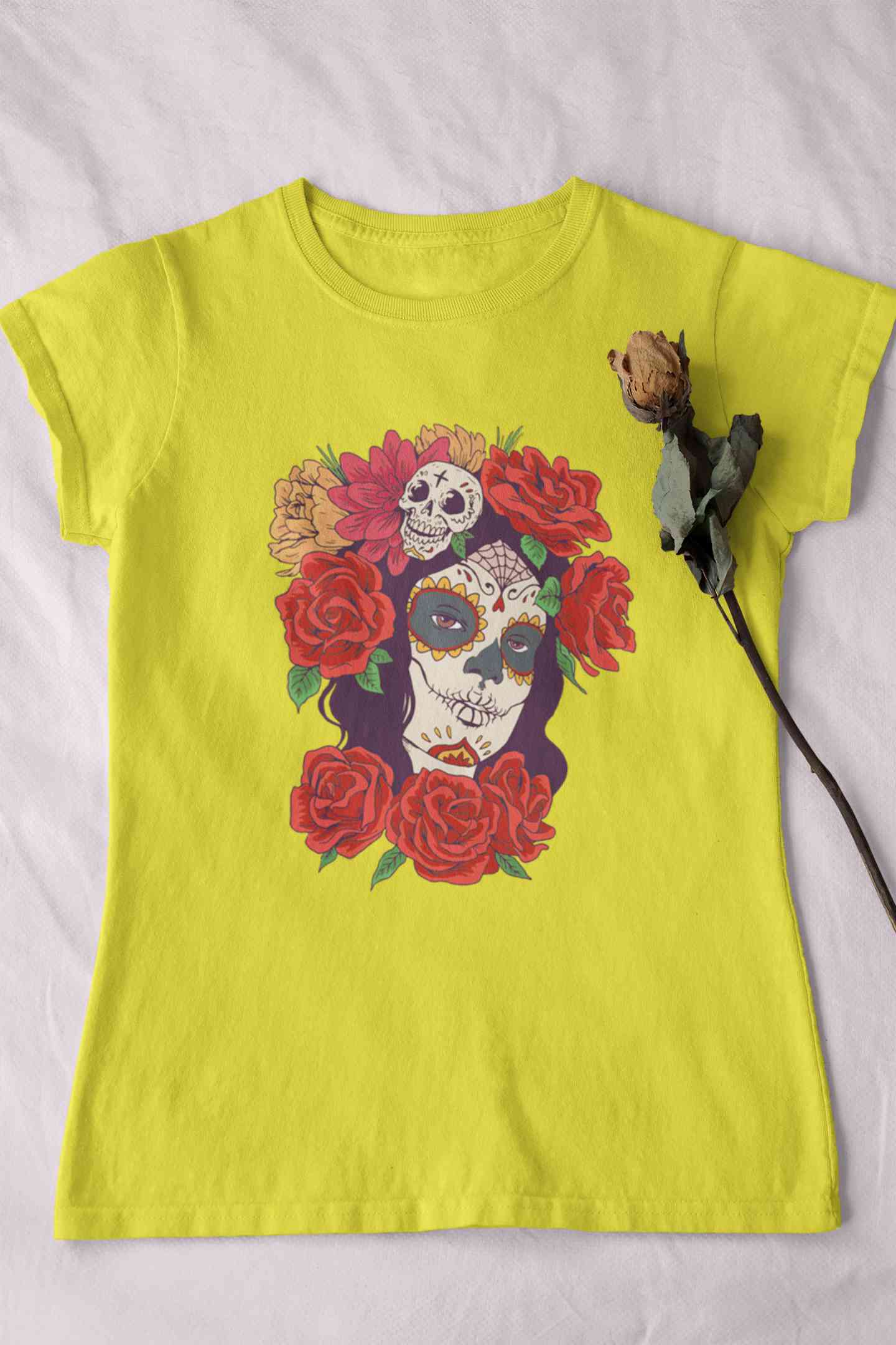 Day Of The Dead Floral Skull Woman Illustration Women Half Sleeves T-shirt- FunkyTeesClub