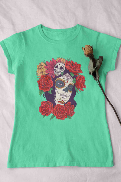 Day Of The Dead Floral Skull Woman Illustration Women Half Sleeves T-shirt- FunkyTeesClub