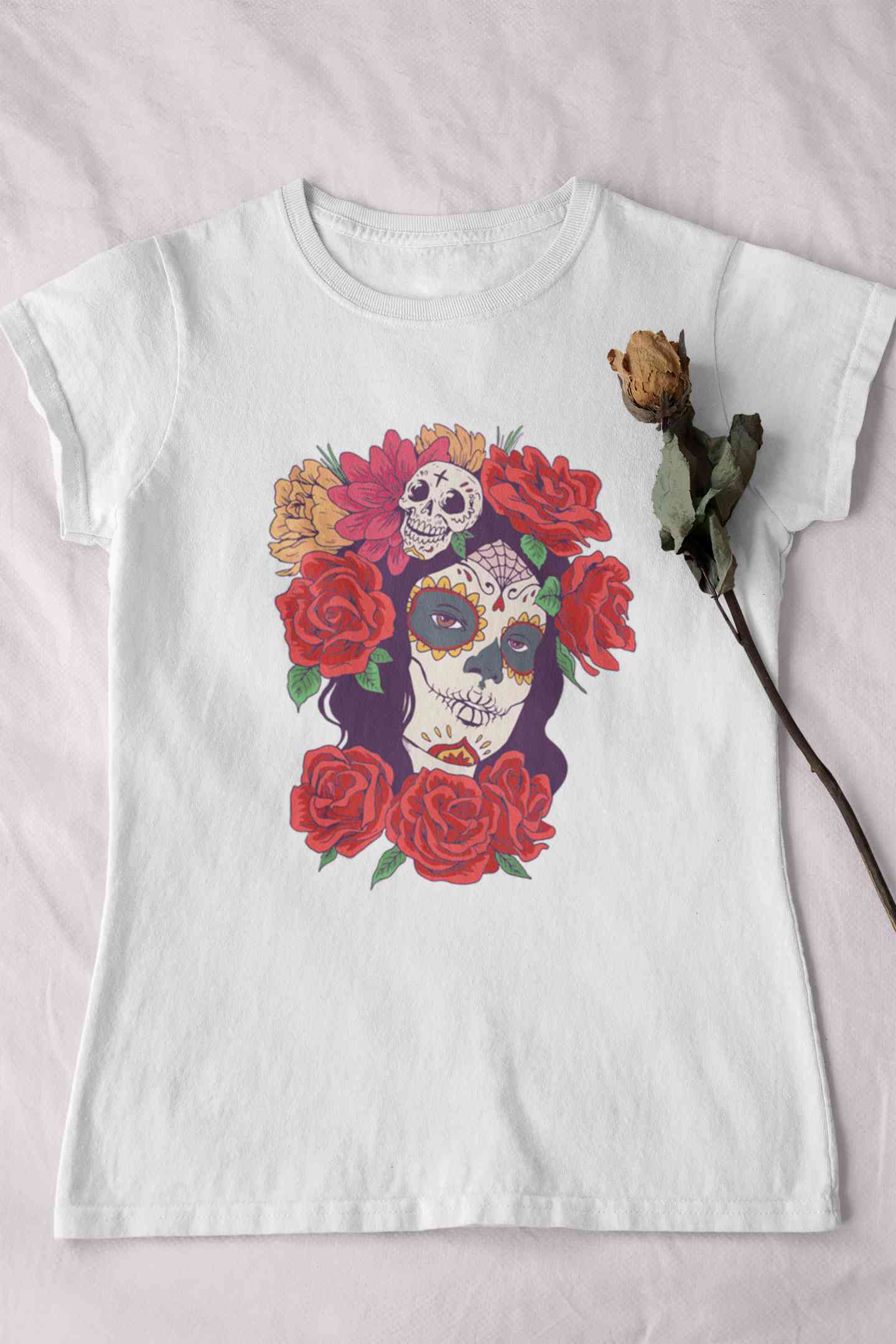 Day Of The Dead Floral Skull Woman Illustration Women Half Sleeves T-shirt- FunkyTeesClub