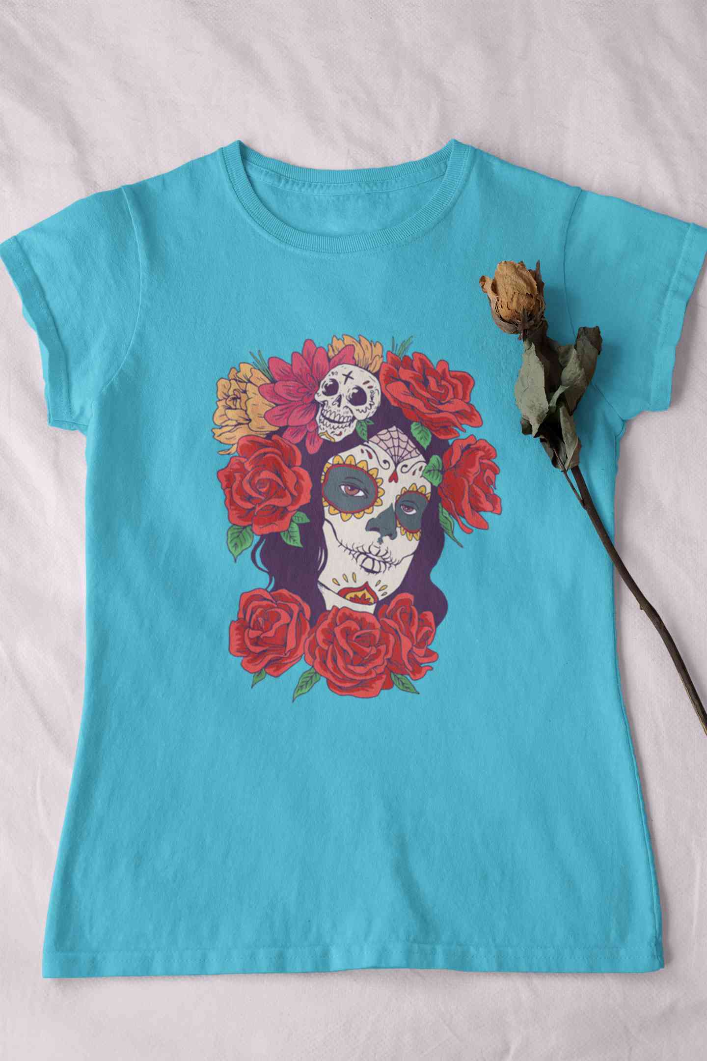 Day Of The Dead Floral Skull Woman Illustration Women Half Sleeves T-shirt- FunkyTeesClub