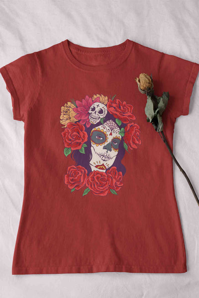 Day Of The Dead Floral Skull Woman Illustration Women Half Sleeves T-shirt- FunkyTeesClub