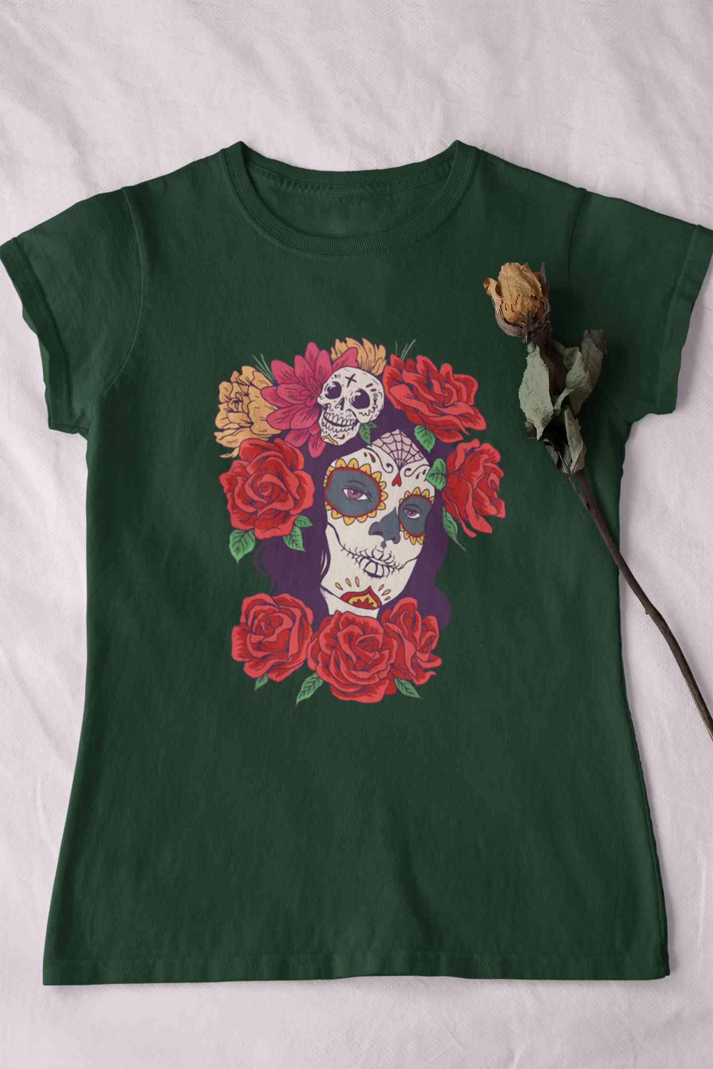 Day Of The Dead Floral Skull Woman Illustration Women Half Sleeves T-shirt- FunkyTeesClub