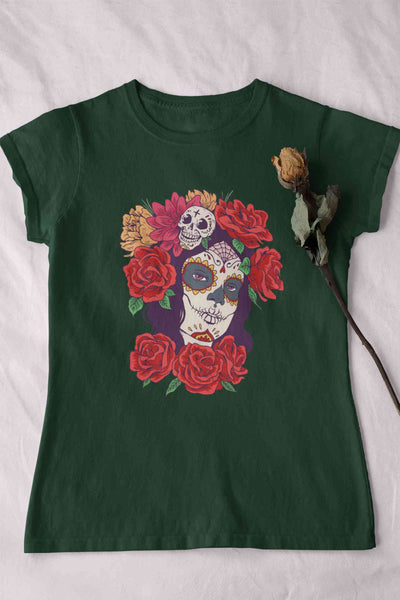 Day Of The Dead Floral Skull Woman Illustration Women Half Sleeves T-shirt- FunkyTeesClub