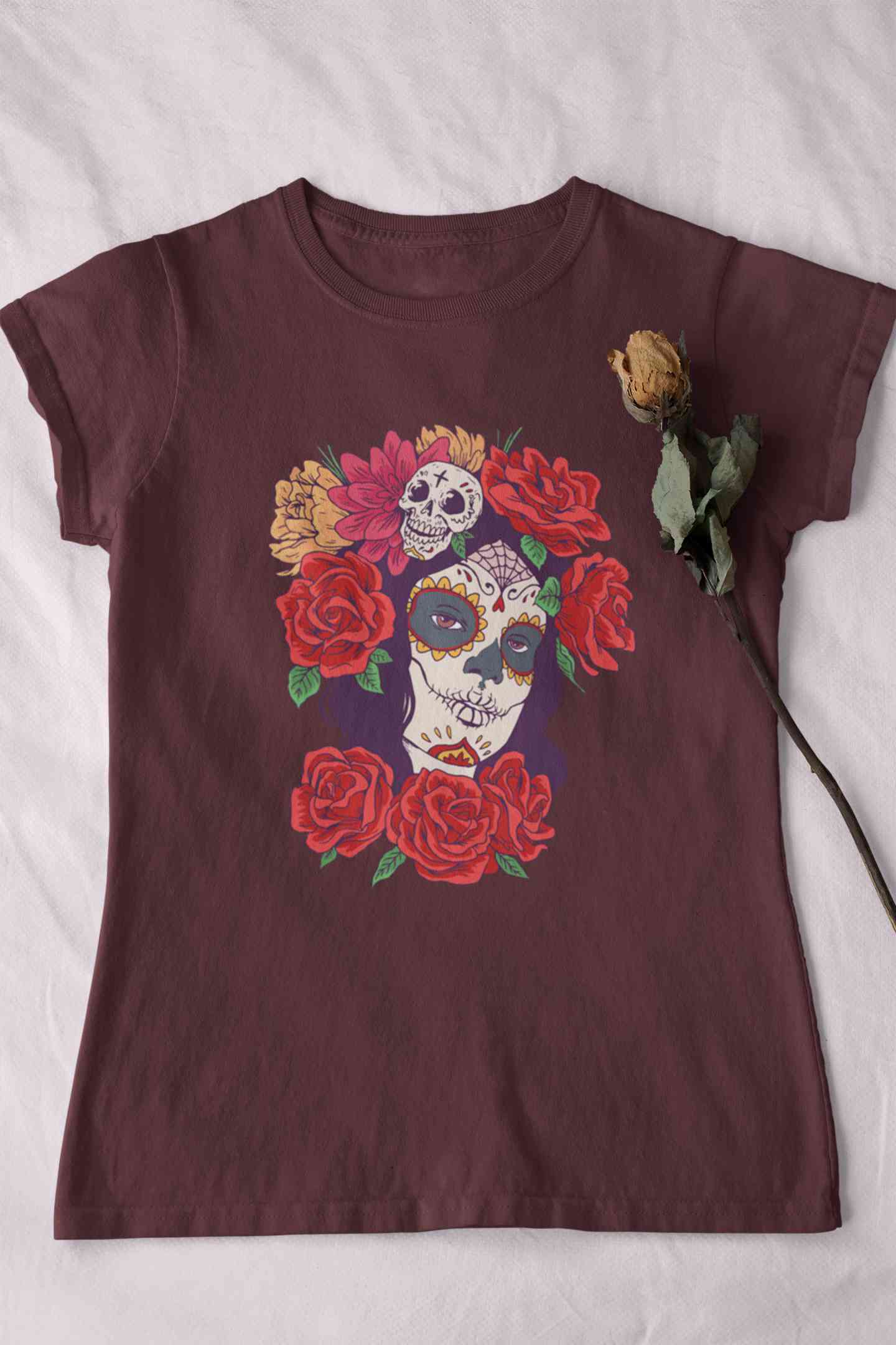Day Of The Dead Floral Skull Woman Illustration Women Half Sleeves T-shirt- FunkyTeesClub