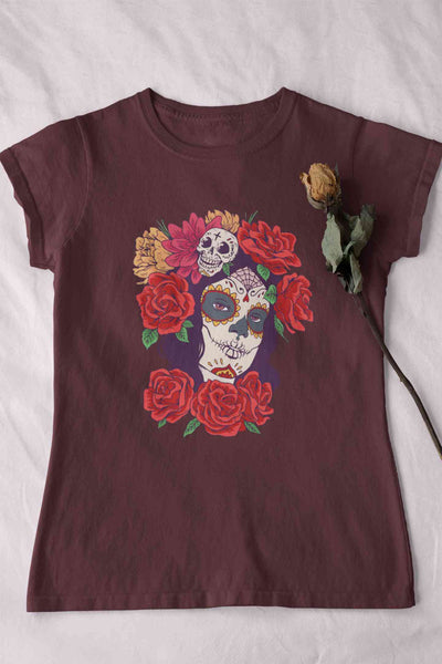 Day Of The Dead Floral Skull Woman Illustration Women Half Sleeves T-shirt- FunkyTeesClub