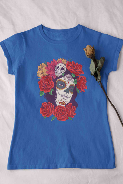 Day Of The Dead Floral Skull Woman Illustration Women Half Sleeves T-shirt- FunkyTeesClub