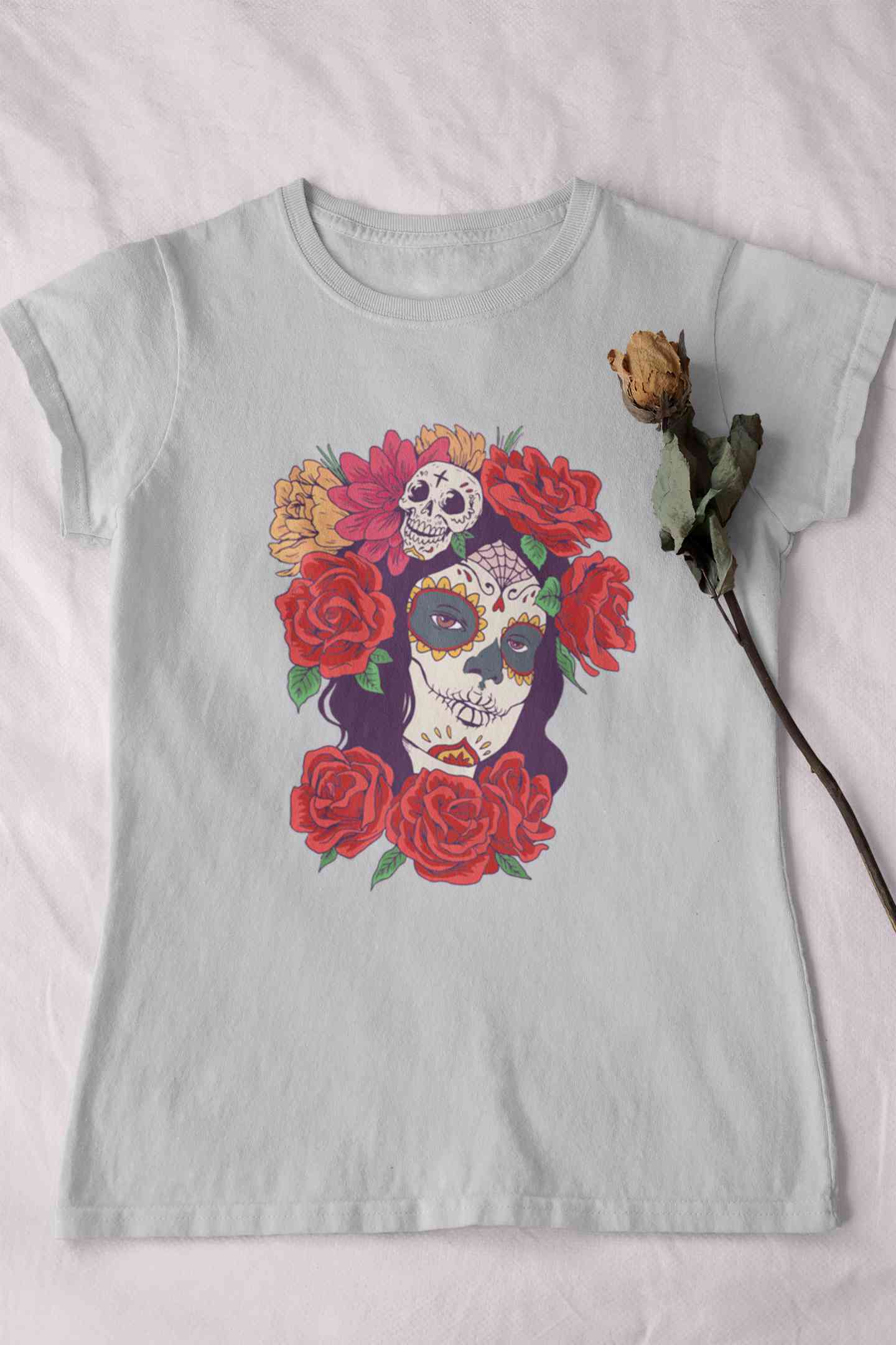Day Of The Dead Floral Skull Woman Illustration Women Half Sleeves T-shirt- FunkyTeesClub