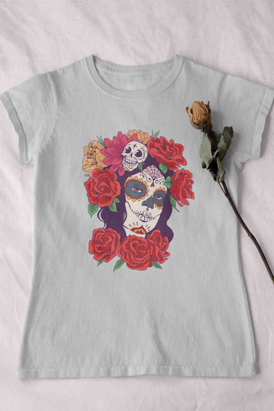 Day Of The Dead Floral Skull Woman Illustration Women Half Sleeves T-shirt- FunkyTeesClub