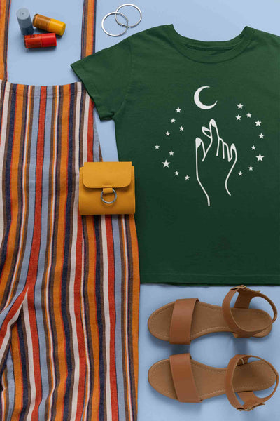 Moon And Hand Print Women Half Sleeves T-shirt- FunkyTeesClub