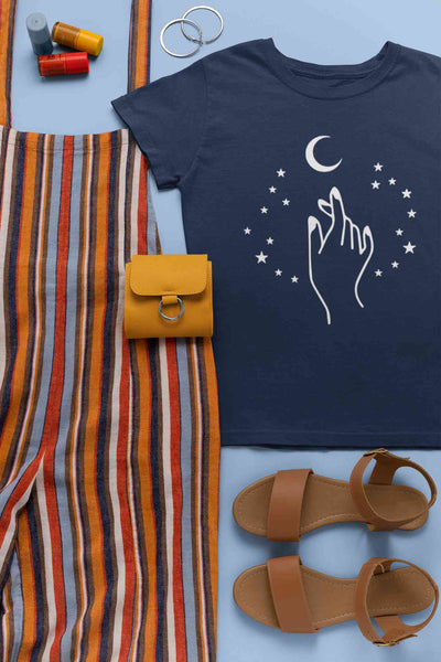 Moon And Hand Print Women Half Sleeves T-shirt- FunkyTeesClub