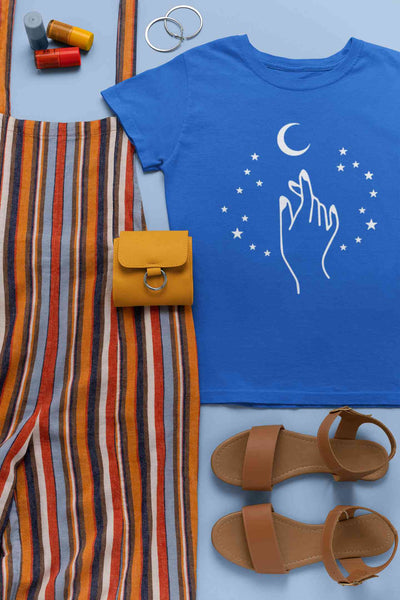 Moon And Hand Print Women Half Sleeves T-shirt- FunkyTeesClub