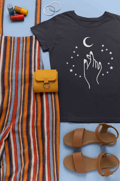 Moon And Hand Print Women Half Sleeves T-shirt- FunkyTeesClub