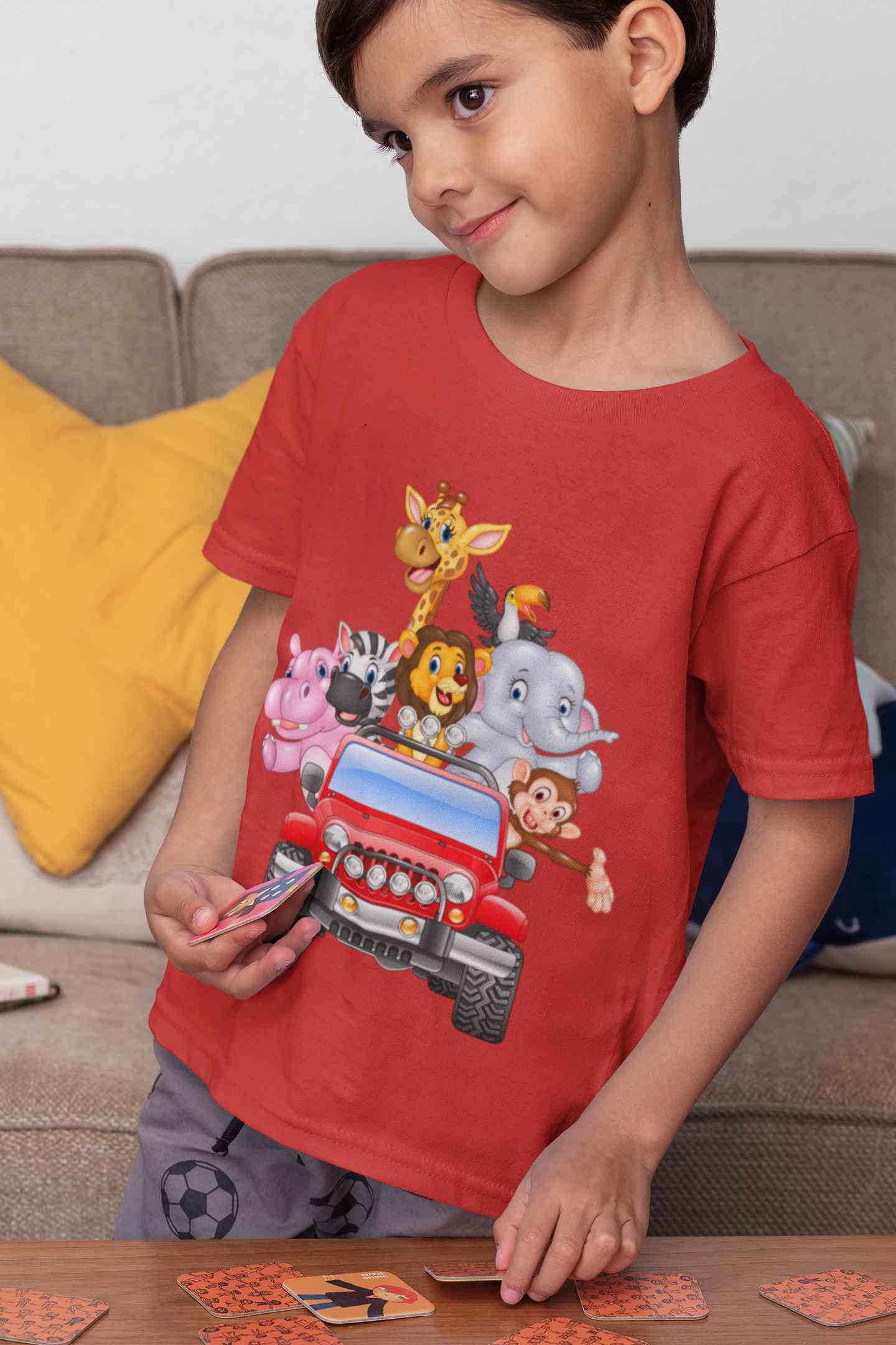 Jungle Jeep Cartoon Half Sleeves T-Shirt for Boy-FunkyTeesClub