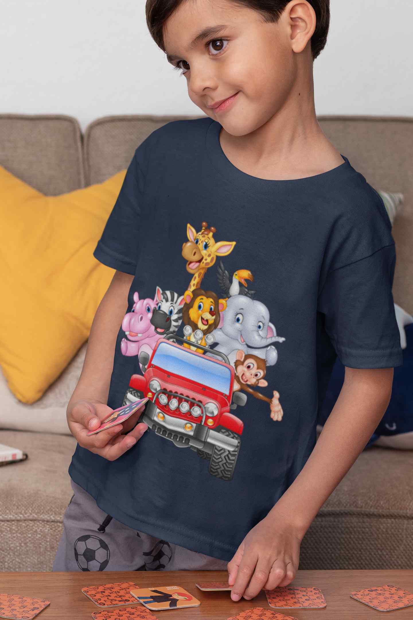 Jungle Jeep Cartoon Half Sleeves T-Shirt for Boy-FunkyTeesClub