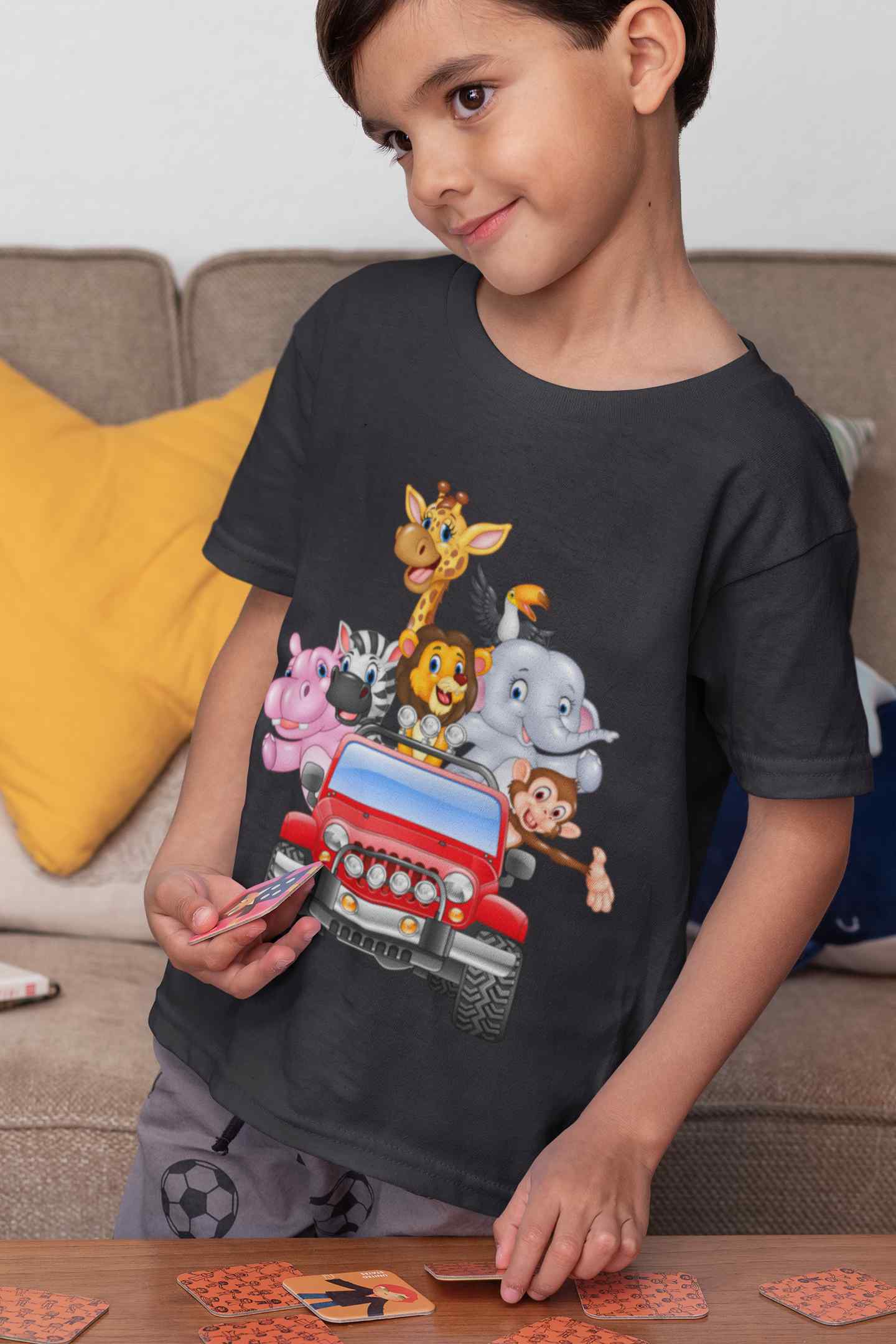 Jungle Jeep Cartoon Half Sleeves T-Shirt for Boy-FunkyTeesClub