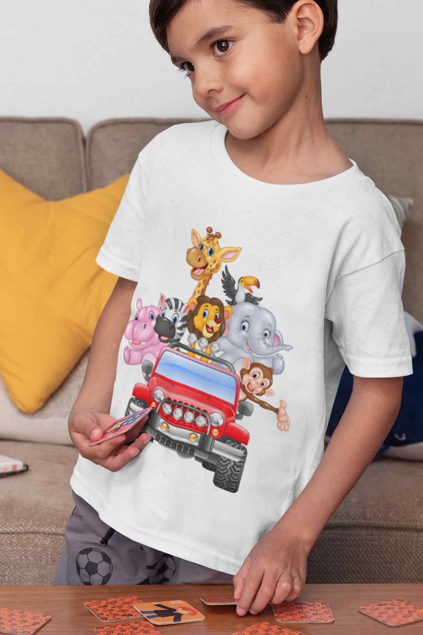 Jungle Jeep Cartoon Half Sleeves T-Shirt for Boy-FunkyTeesClub