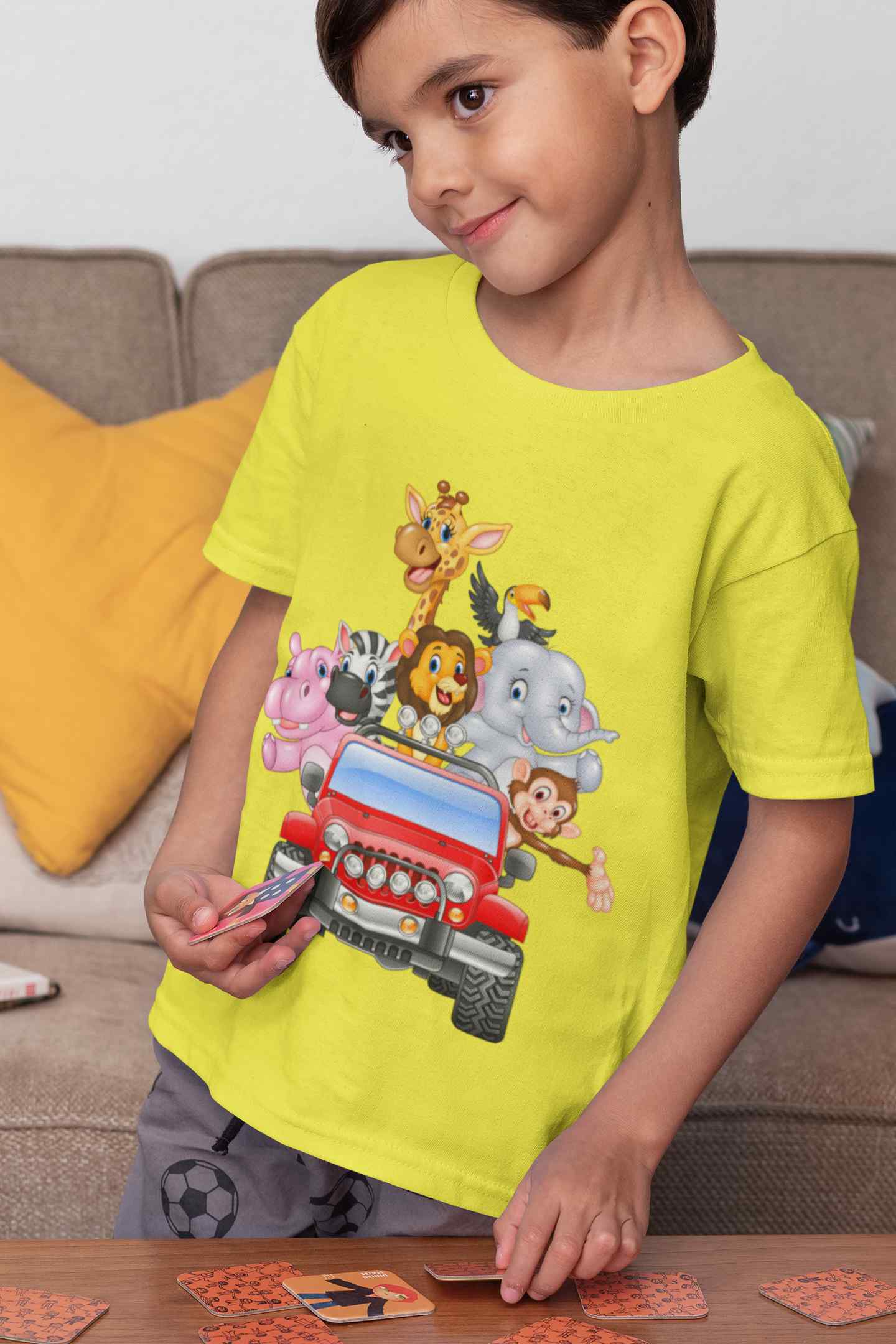 Jungle Jeep Cartoon Half Sleeves T-Shirt for Boy-FunkyTeesClub