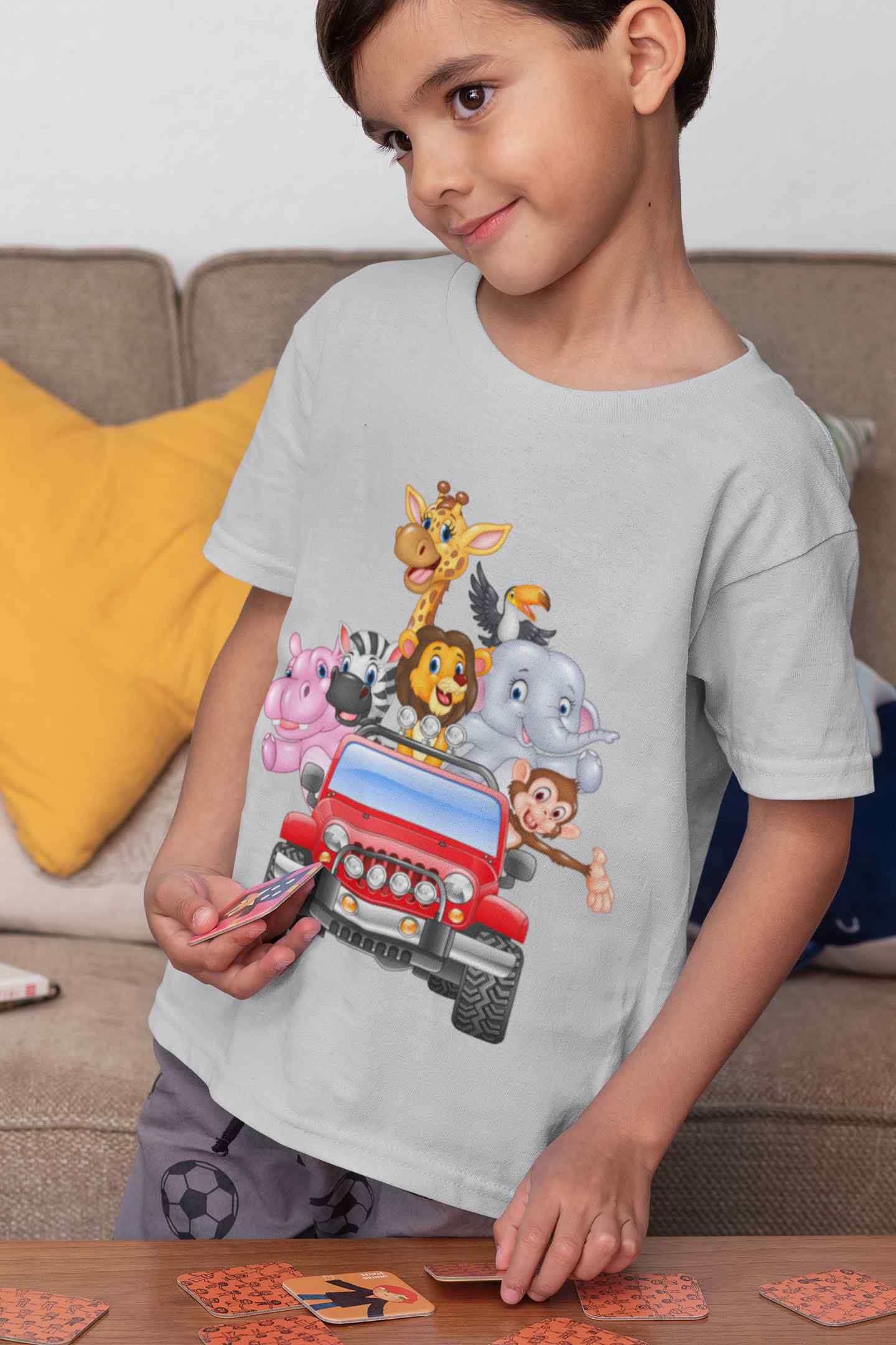 Jungle Jeep Cartoon Half Sleeves T-Shirt for Boy-FunkyTeesClub