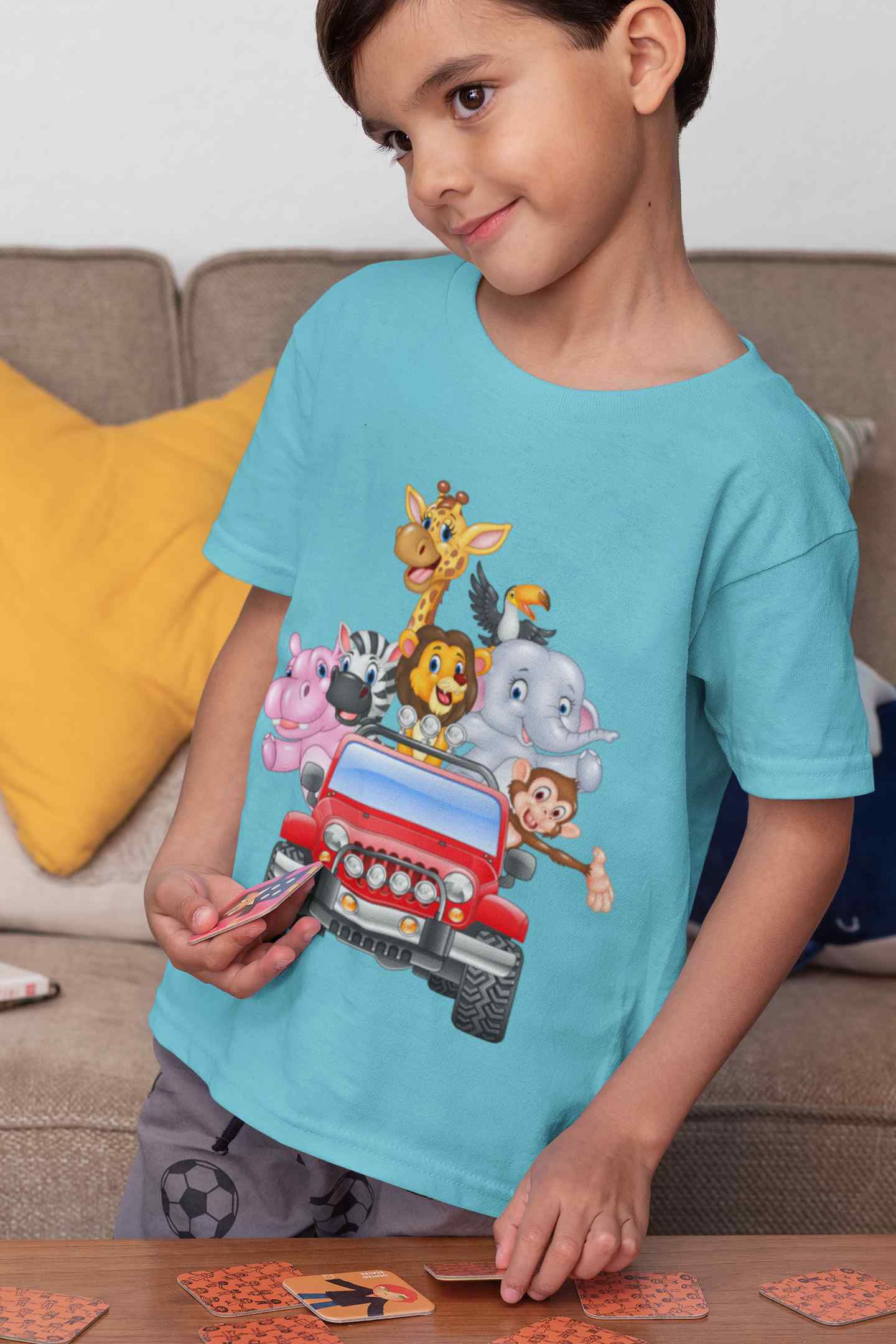 Jungle Jeep Cartoon Half Sleeves T-Shirt for Boy-FunkyTeesClub