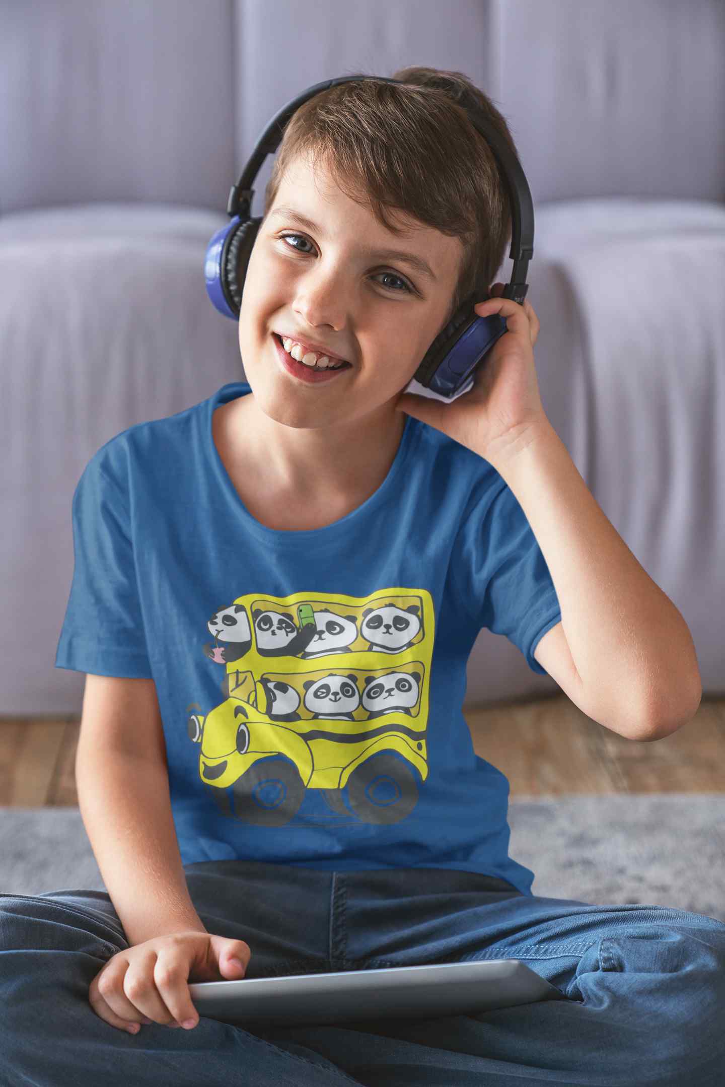 Panda Yellow Bus Cartoon Half Sleeves T-Shirt for Boy-FunkyTeesClub