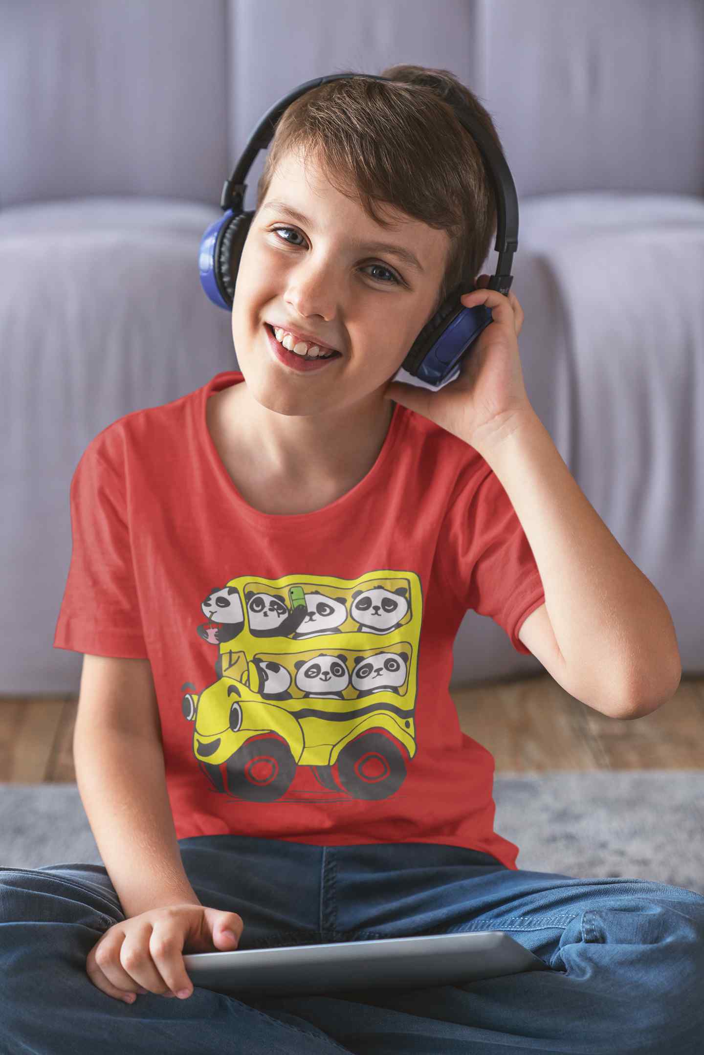 Panda Yellow Bus Cartoon Half Sleeves T-Shirt for Boy-FunkyTeesClub