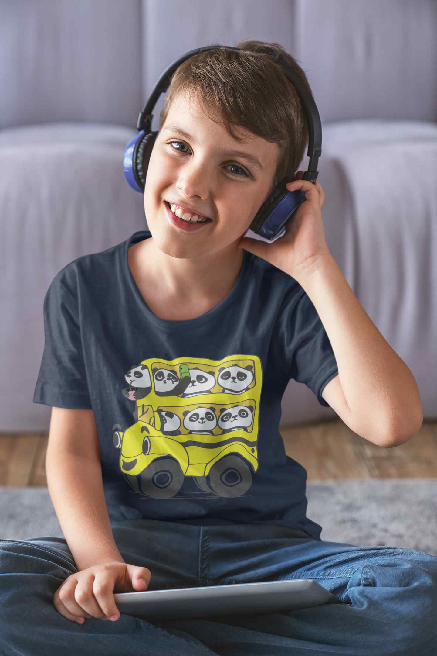 Panda Yellow Bus Cartoon Half Sleeves T-Shirt for Boy-FunkyTeesClub