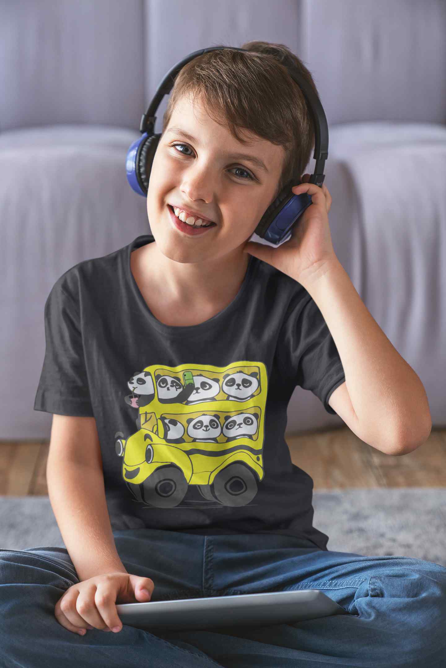 Panda Yellow Bus Cartoon Half Sleeves T-Shirt for Boy-FunkyTeesClub