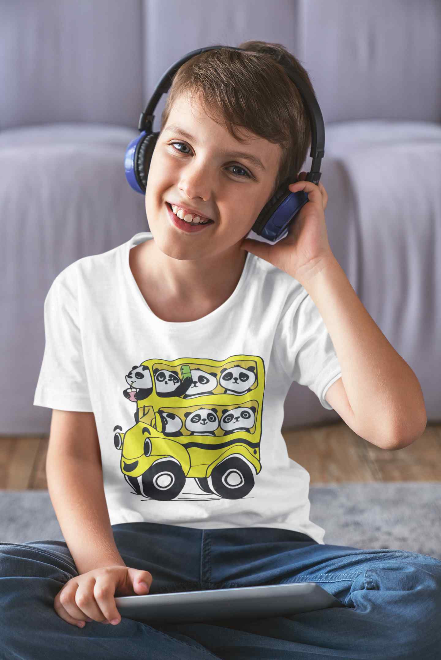 Panda Yellow Bus Cartoon Half Sleeves T-Shirt for Boy-FunkyTeesClub