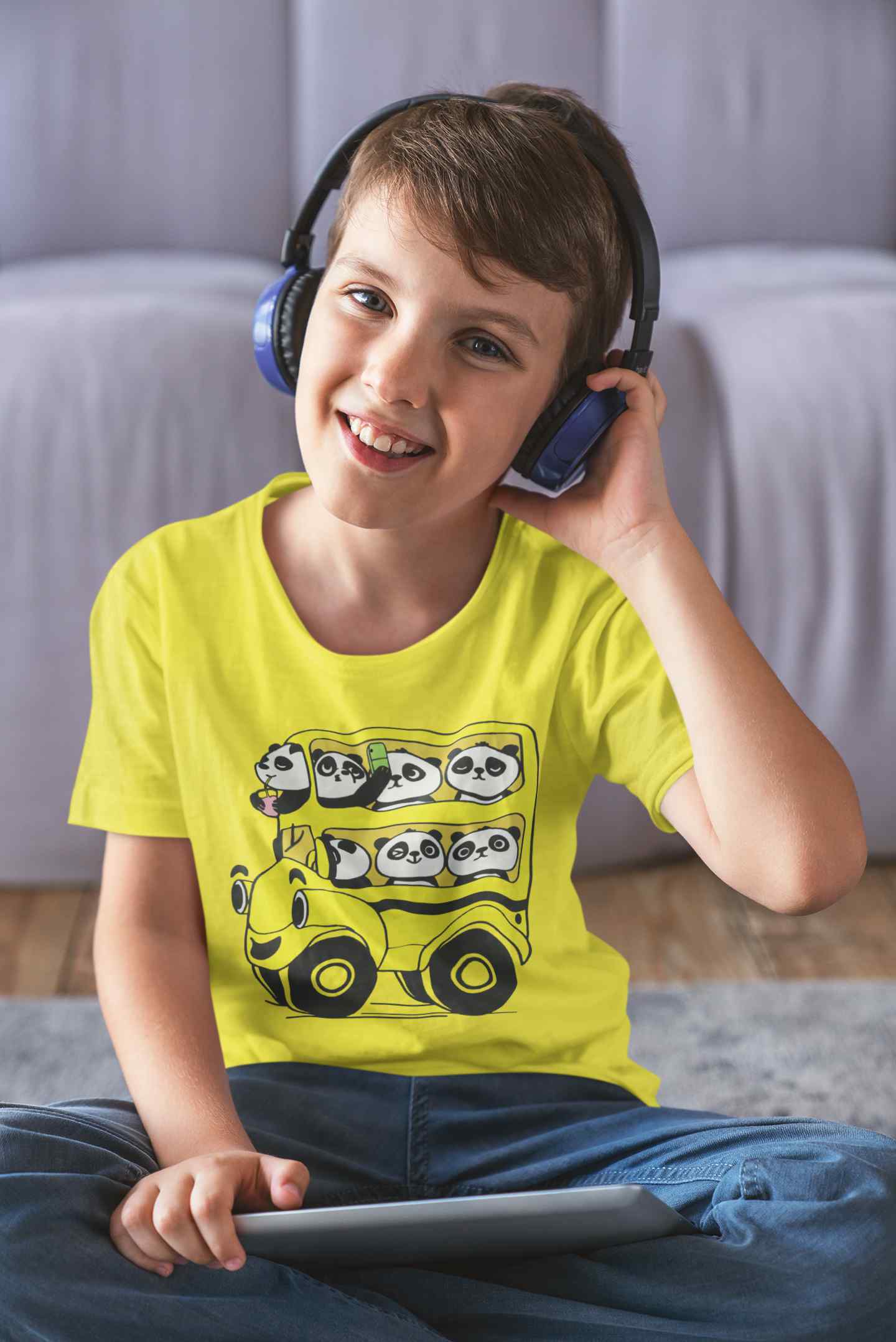 Panda Yellow Bus Cartoon Half Sleeves T-Shirt for Boy-FunkyTeesClub