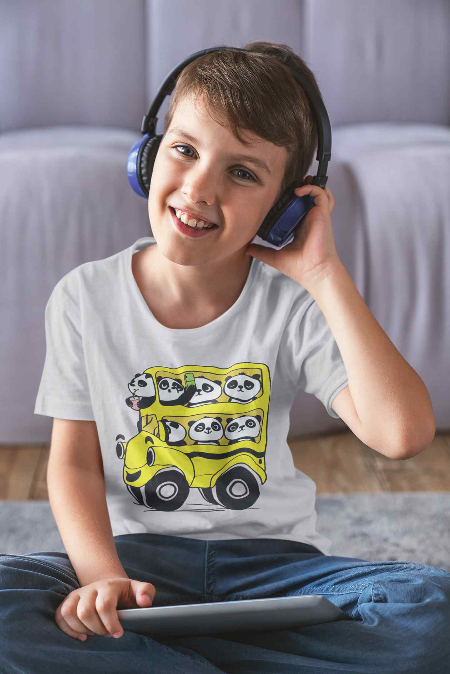 Panda Yellow Bus Cartoon Half Sleeves T-Shirt for Boy-FunkyTeesClub