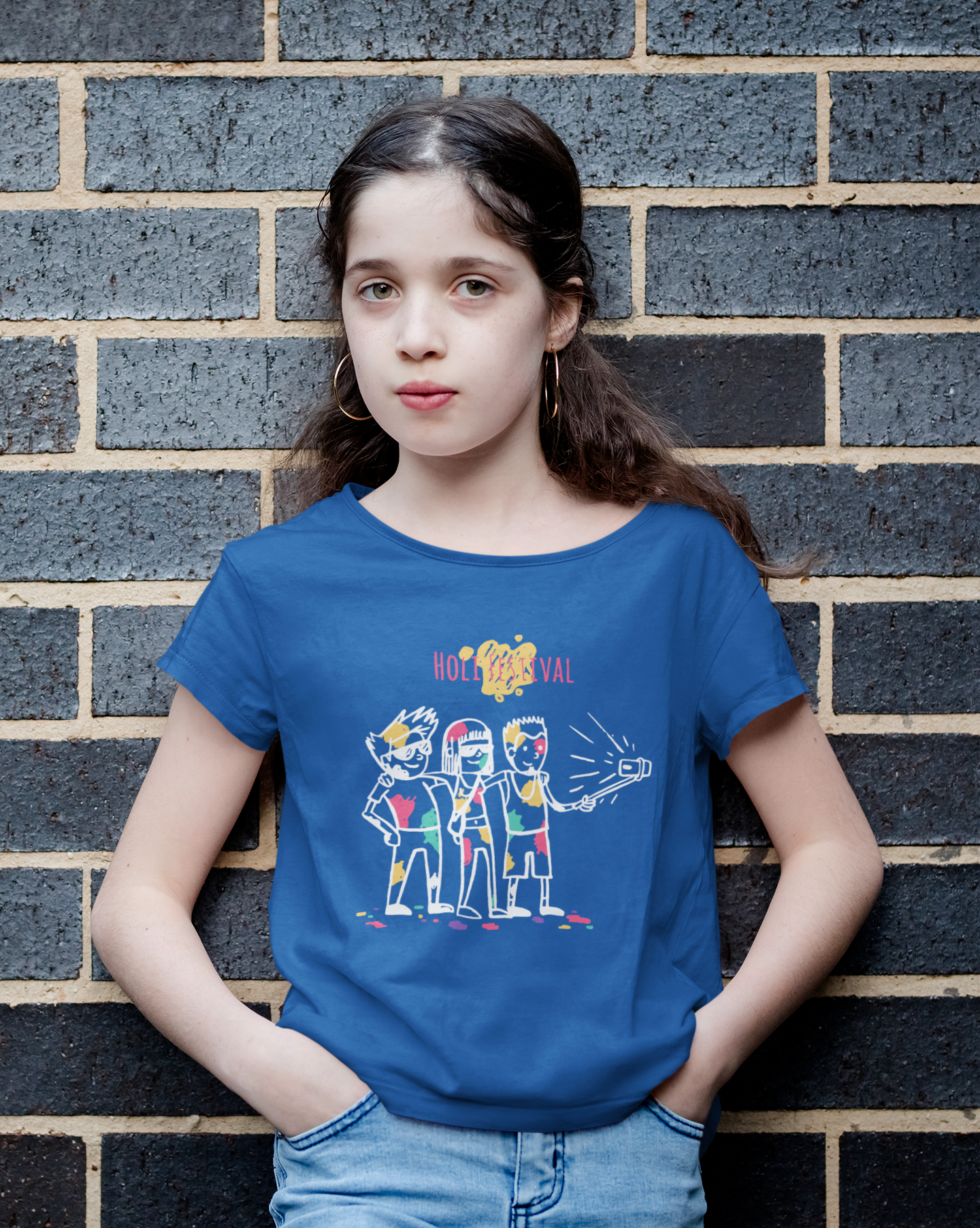 Friends Selfie Holi Half Sleeves T-Shirt For Girls -FunkyTeesClub